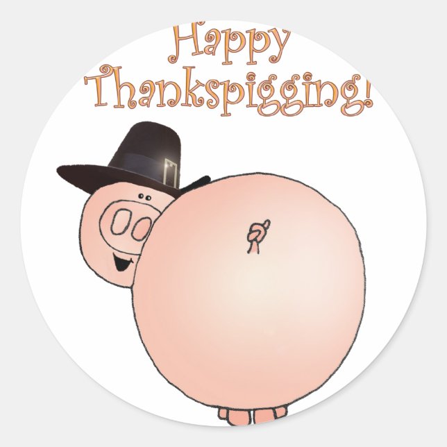Pegatina Redonda "Thankspigging" Funny Cartoon Pig Thanksgiving (Anverso)