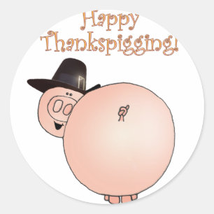 Pegatina Redonda "Thankspigging" Funny Cartoon Pig Thanksgiving