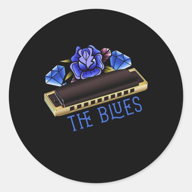 Pegatina Redonda The Blues Harmonica Music Sound Acoustic Jazz Gift (Anverso)