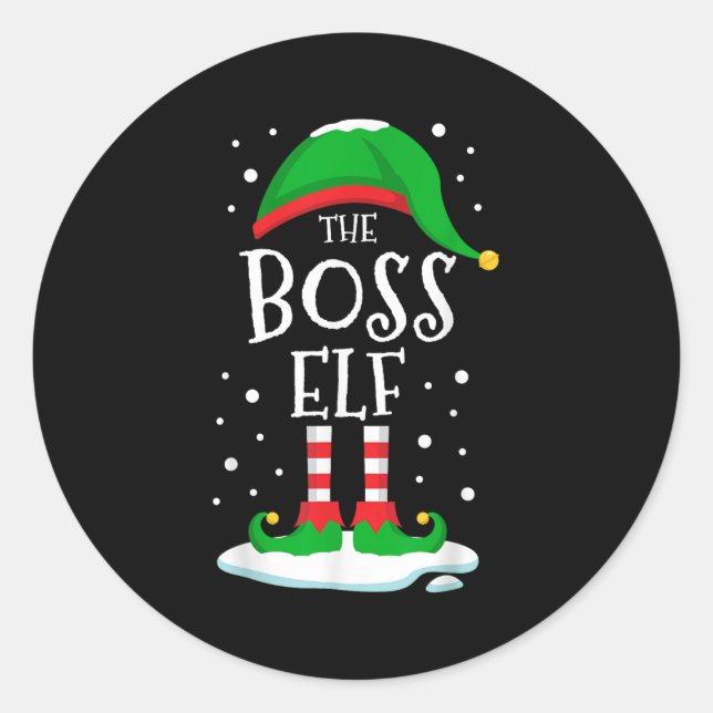 Pegatina Redonda The Boss Elf Christmas Family Matching Xmas Group  (Anverso)