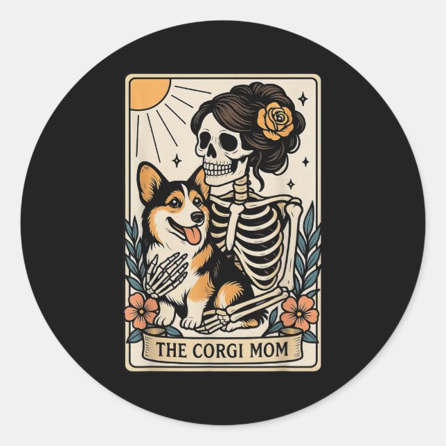Pegatina Redonda The Corgi Mom Tarot Card Skeleton Gothic Dog  (Anverso)