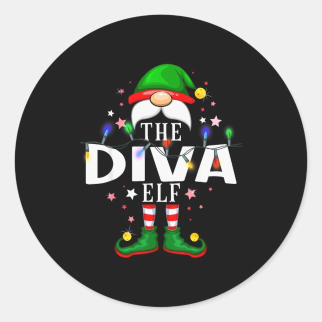 Pegatina Redonda The Diva Elf Christmas Family Pajama Party  (Anverso)