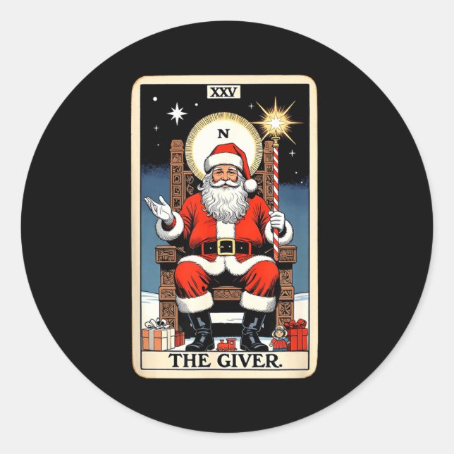 Pegatina Redonda The Giver Santa Tarot Card Style Christmas Graphic (Anverso)