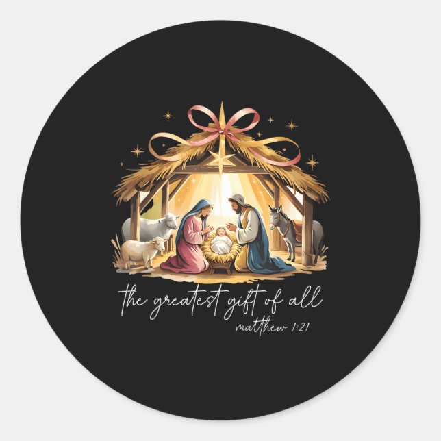 Pegatina Redonda The Greatest Gift Of All Christmas Jesus Christian (Anverso)