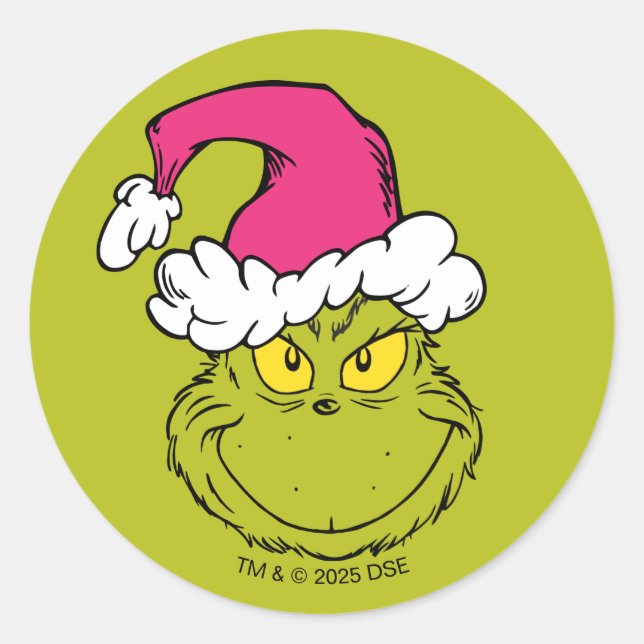 Pegatina Redonda The Grinch in Pink Santa Hat (Anverso)