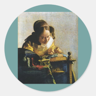 Pegatina Redonda The Lacemaker de Johannes Vermeer (alrededor de 16