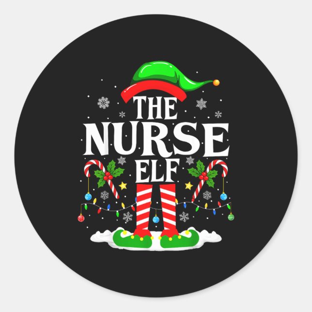 Pegatina Redonda The Nurse Elf Christmas Nursing Funny Rn Christmas (Anverso)