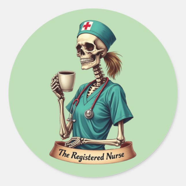 Pegatina Redonda The Registered Nurse Skeleton – Coffee & Care (Anverso)