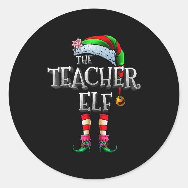 Pegatina Redonda The Teacher Elf Shirt Matching Family Funny Christ (Anverso)
