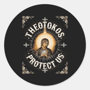 Pegatina Redonda Theotokos Protege a La Santa María, cristiana orto