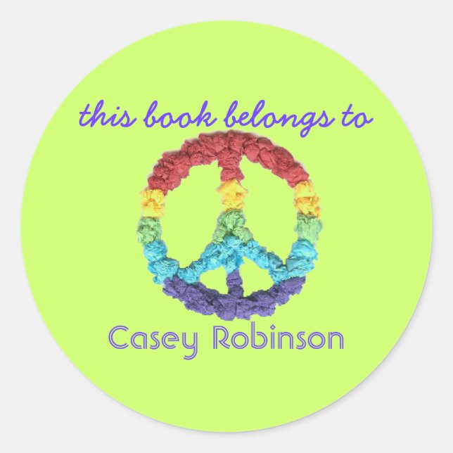 Pegatina Redonda "This book belongs to" peace sign bookplate (Anverso)