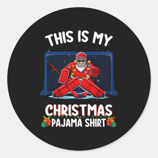 Pegatina Redonda This Is My Christmas Pajama Hockey Goalie Santa Sr (Anverso)