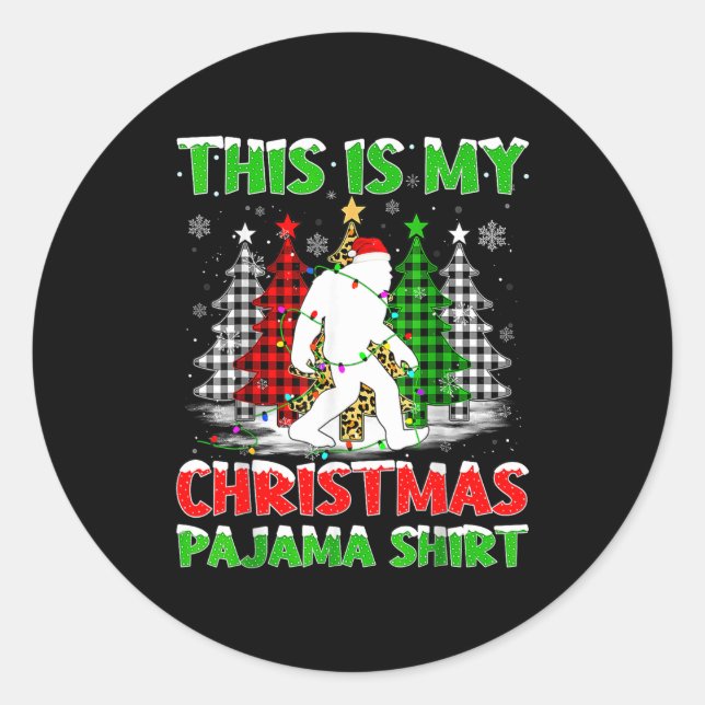 Pegatina Redonda This Is My Pajama Shirt Bigfoot Xmas Tree Plaid Ch (Anverso)
