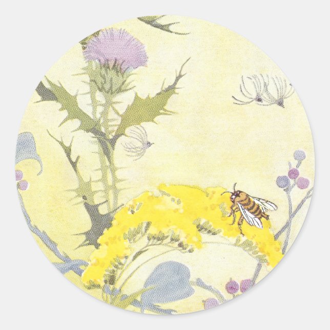 Pegatina Redonda Thistle and Bee on Goldenrod (Anverso)