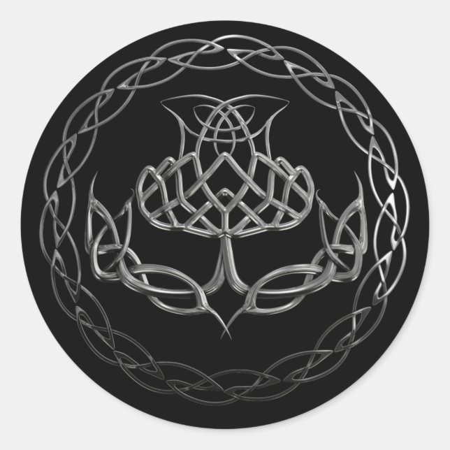 Pegatina Redonda Thistle de nudo celta cromado (Anverso)