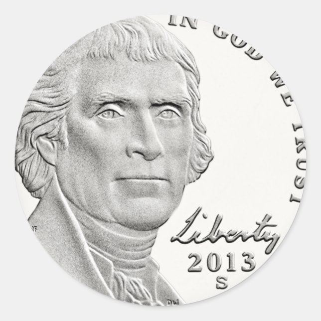 Pegatina Redonda Thomas Jefferson Nickel (Anverso)