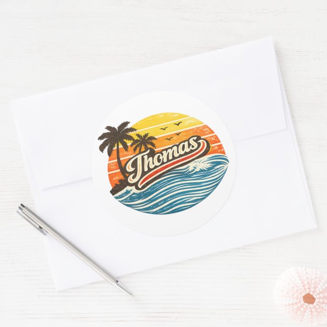 Pegatina Redonda Thomas Retro Sunset Name Design (Sobre)
