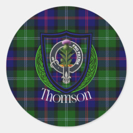 Pegatina Redonda Thomson Scottish Clan Tartan & Crest