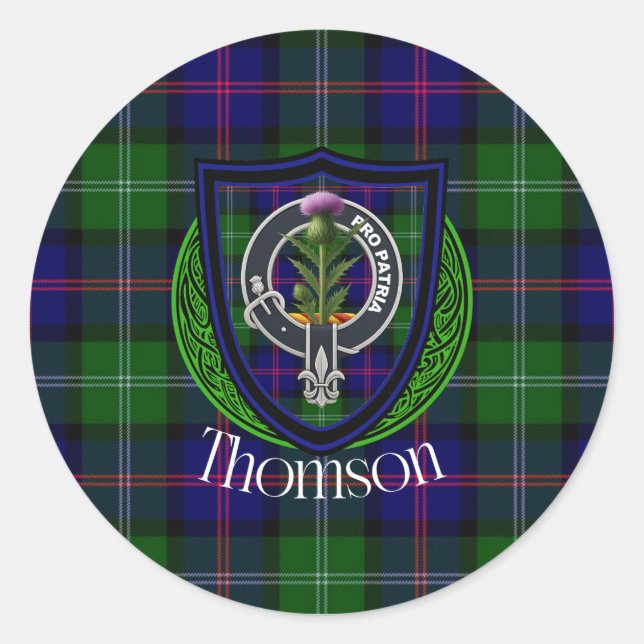 Pegatina Redonda Thomson Scottish Clan Tartan & Crest (Anverso)