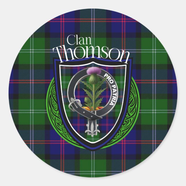 Pegatina Redonda Thomson Scottish Clan Tartan & Escudo (Anverso)
