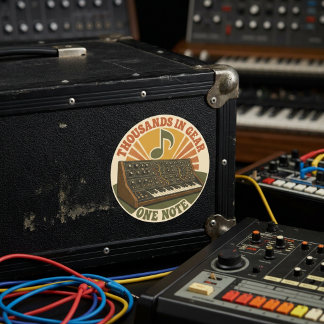Pegatina Redonda Thousands in Gear, One Note – Lustiger Synth Nerd