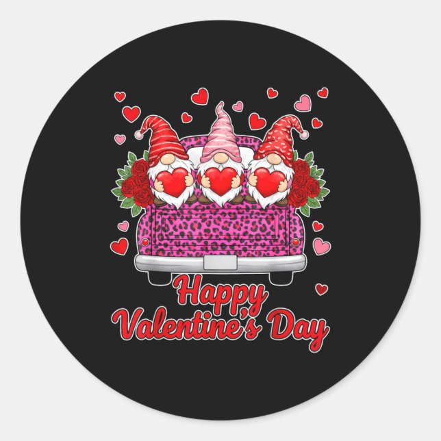 Pegatina Redonda Three Gnomes And Leopard Truck Happy Valentine's D (Anverso)