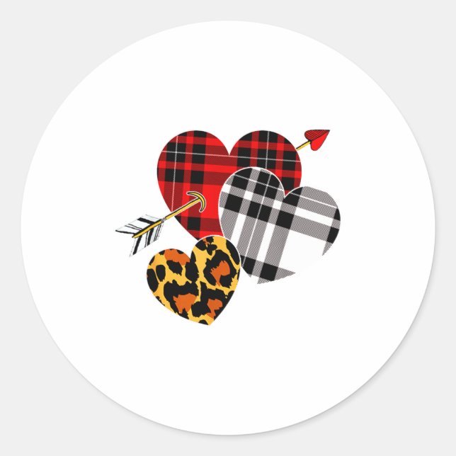 Pegatina Redonda Three Hearts Leopard Buffalo Plaid Valentines Day  (Anverso)