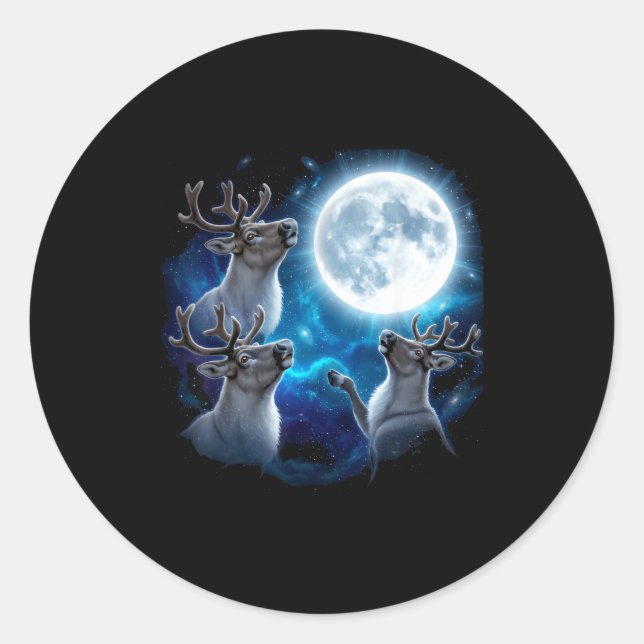 Pegatina Redonda Three Reindeer Howling At The Moon Merry Christmas (Anverso)