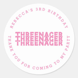 Pegatina Redonda Threenager Name 3Cumpleaños Pink Gracias