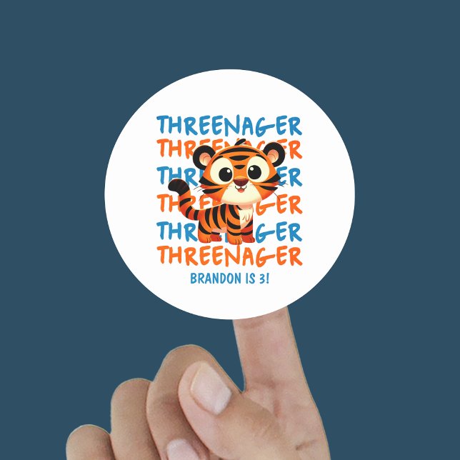 Pegatina Redonda Threenager Tiger Boy 3 Fiesta de cumpleaños (Threenager Tiger Boy 3rd Birthday Party Classic Round Sticker
)
