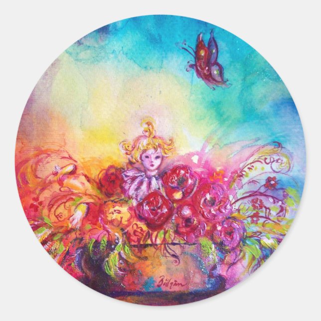 PEGATINA REDONDA THUMBELINA,TAPA DE FLORES Y MARIPOSA (Anverso)