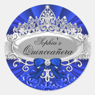 Pegatina Redonda Tiara Azul & Damask Quinceañera Sticker