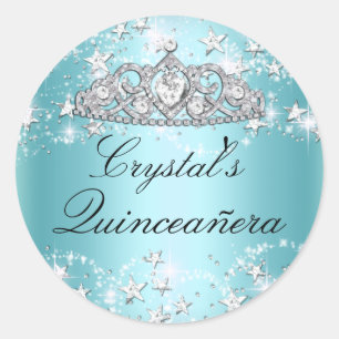 Pegatina Redonda Tiara de destellos azules y estrellas Quinceañera 