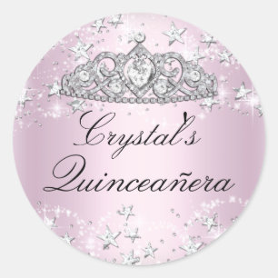 Pegatina Redonda Tiara de destellos rosados estrellas Quinceanera S