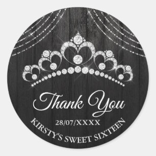 Pegatina Redonda Tiara de diamantes negros de plata Sweet 16