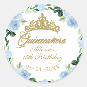 Pegatina Redonda Tiara de Dios Quinceañera Floral Azul Bebé