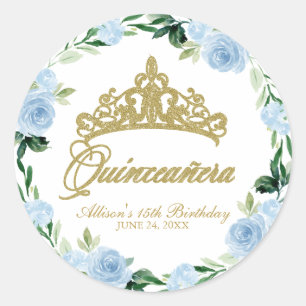 Pegatina Redonda Tiara de Dios Quinceañera Floral Azul Bebé