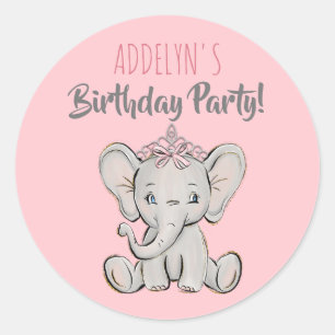 Pegatina Redonda Tiara de elefante princesa rosa cumpleaños infanti