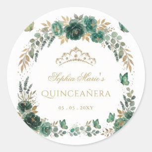 Pegatina Redonda Tiara de oro esmeralda mariposa floral Quinceañera