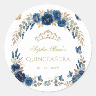 Pegatina Redonda Tiara de quinceañera de oro y marino con mariposa