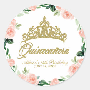 Pegatina Redonda Tiara de Quinceañera Dios Rosa Claro Floral 