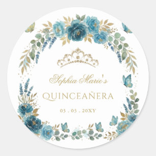 Pegatina Redonda Tiara de quinceañera floral mariposa azul dorado