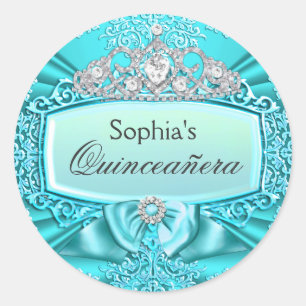 Pegatina Redonda Tiara de Teal y Sticker de Quinceañera de Damasco