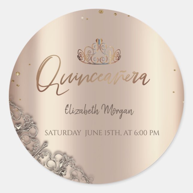 Pegatina Redonda Tiara Diamantes Cooper Quinceañera (Anverso)