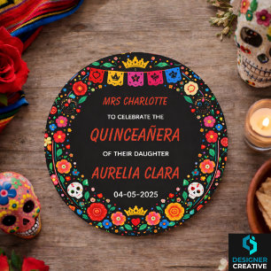 Pegatina Redonda Tiara Dorada Floral Fiesta Mexicana Negra Quinceañ