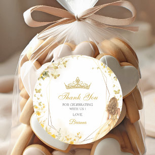 Pegatina Redonda Tiara Floral de Quinceañera Amarillo Dorado Agrade