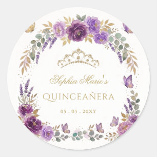 Pegatina Redonda Tiara Floral Mariposa Morado Dorado Quinceañera