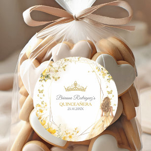 Pegatina Redonda Tiara Floral Mariposas Amarillo Dorado Quinceañera