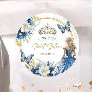 Pegatina Redonda Tiara Floral Princesa Oro Azul Real Dulces 16