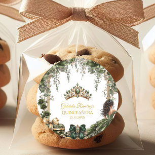 Pegatina Redonda Tiara Floral Quinceañera Verde Esmeralda Dorada